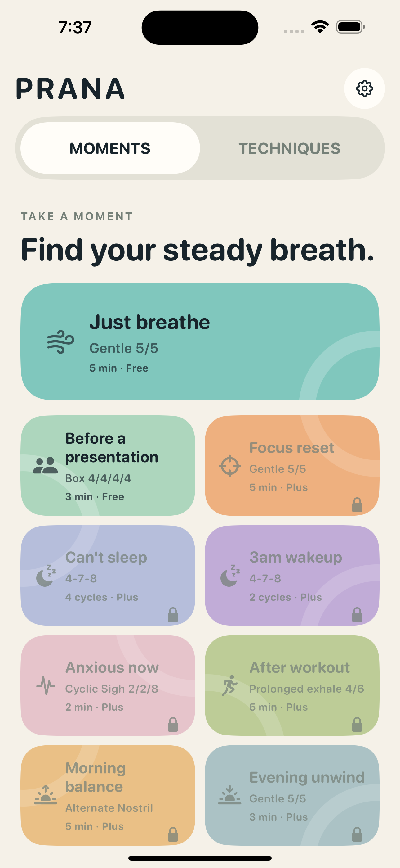 Prana Moments screen with breathing practices