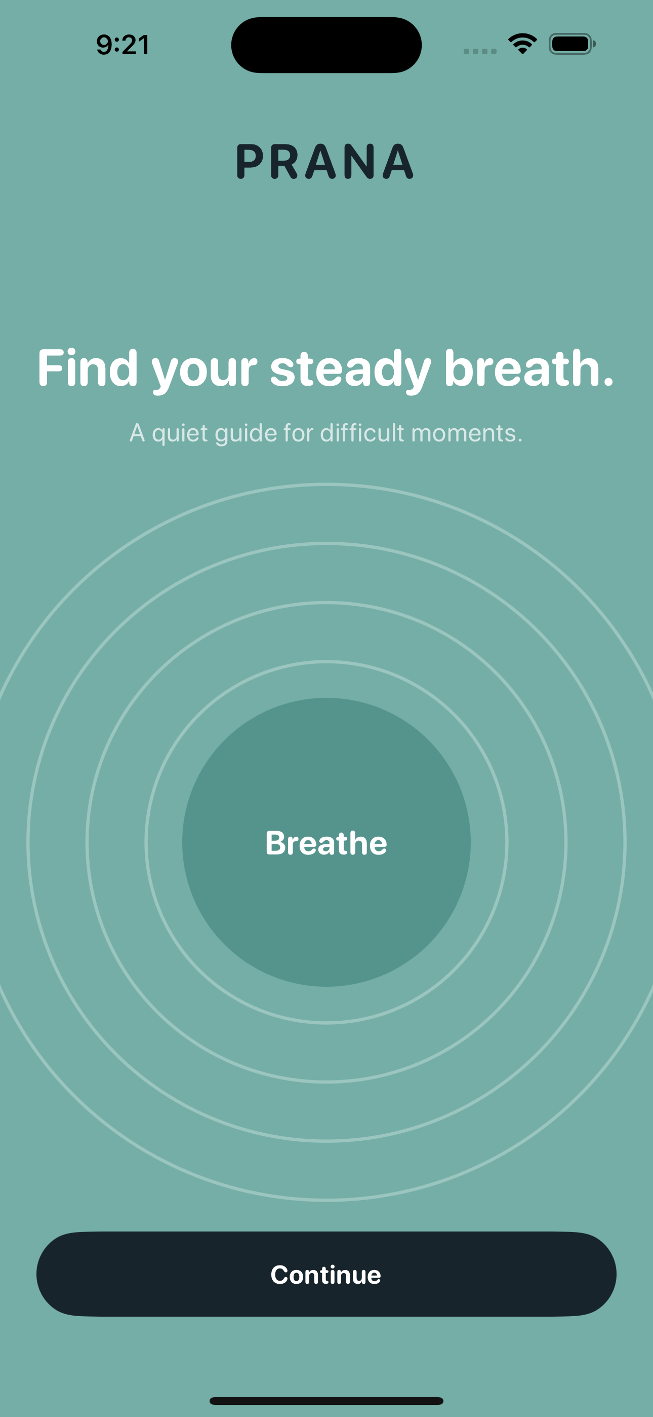 Prana practice screen showing a breathing ring and Breathe control