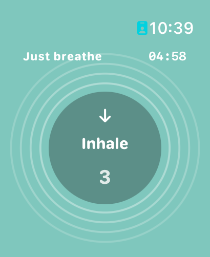 Prana Apple Watch breathing session showing Inhale and a countdown