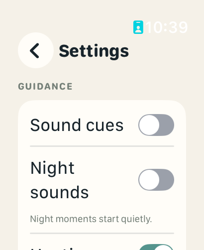 Prana Apple Watch settings screen with sound cues and night sounds